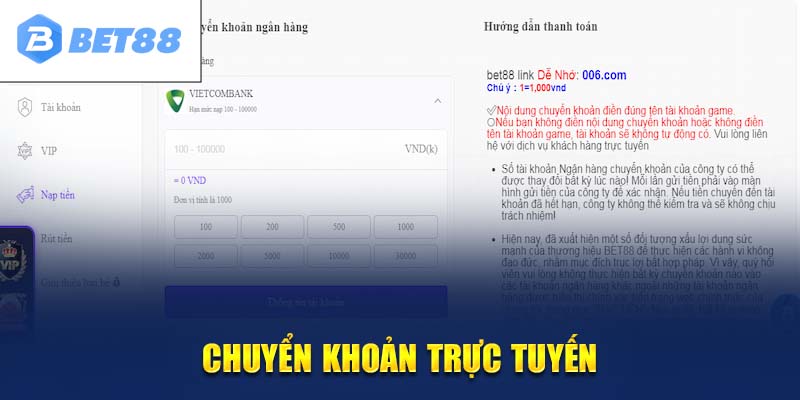 Thanh toán gửi vốn ở điểm cược qua chuyển khoản ngân hàng